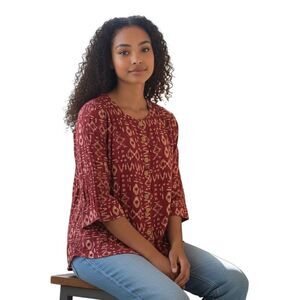 VTG NWOT Blair Tribal Print Button Down Blouse 3/4 Sleeves Burgundy Size Small.